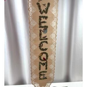 Winter Holiday HERITAGE LACE Welcome Banner Wall Hanging Holly with Birds Design
